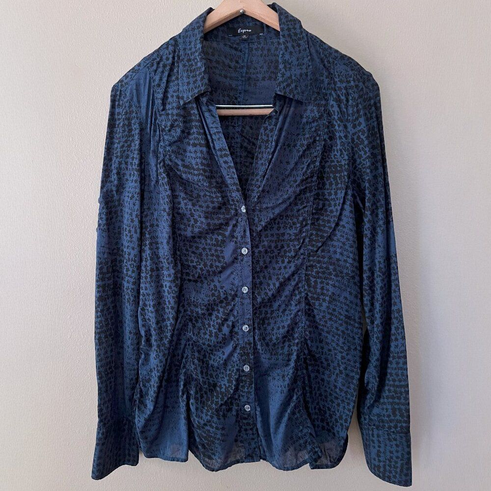 Express Button-Down Cotton Shirt Abstract Stars Blue Black Medium Office Grunge